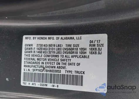2017 Honda Ridgeline Rtl-E z USA, uszkodzony, nr VIN 5FPYK3F78HB033853
